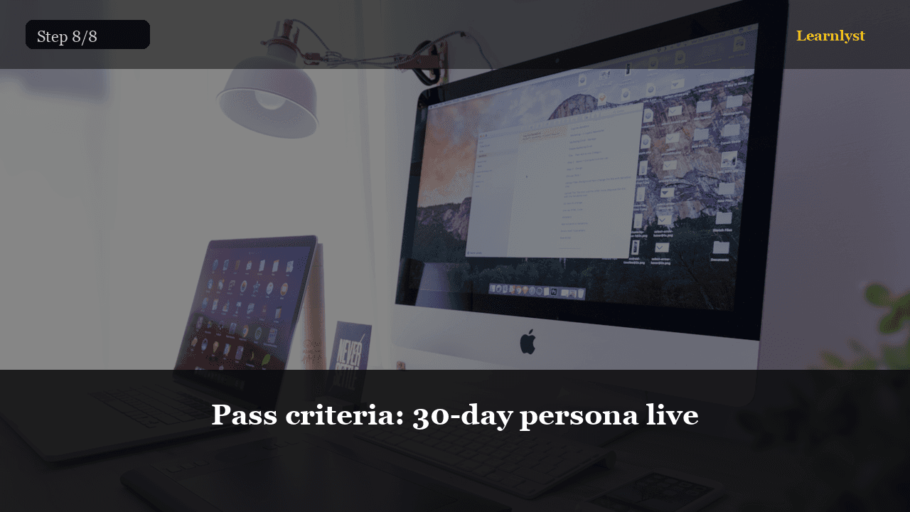 Pass criteria: 30-day persona live