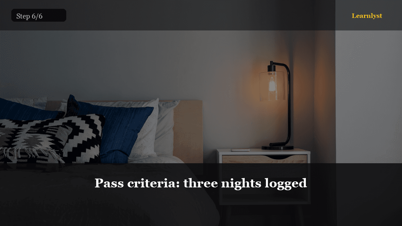 Pass criteria: three nights logged