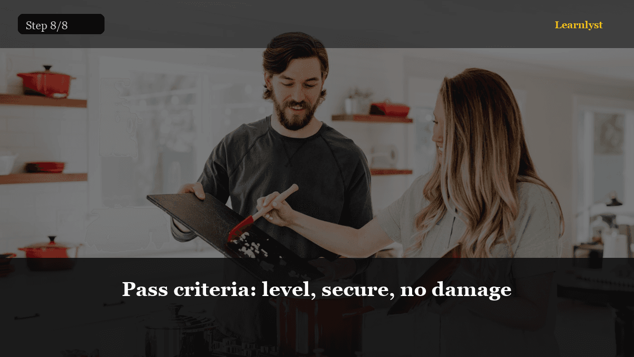 Pass criteria: level, secure, no damage