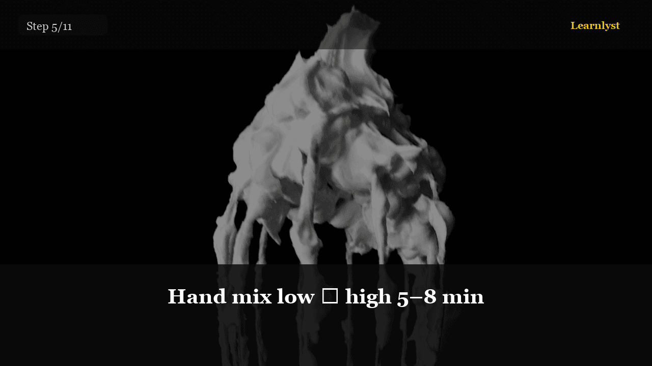 Hand mix low → high 5–8 min