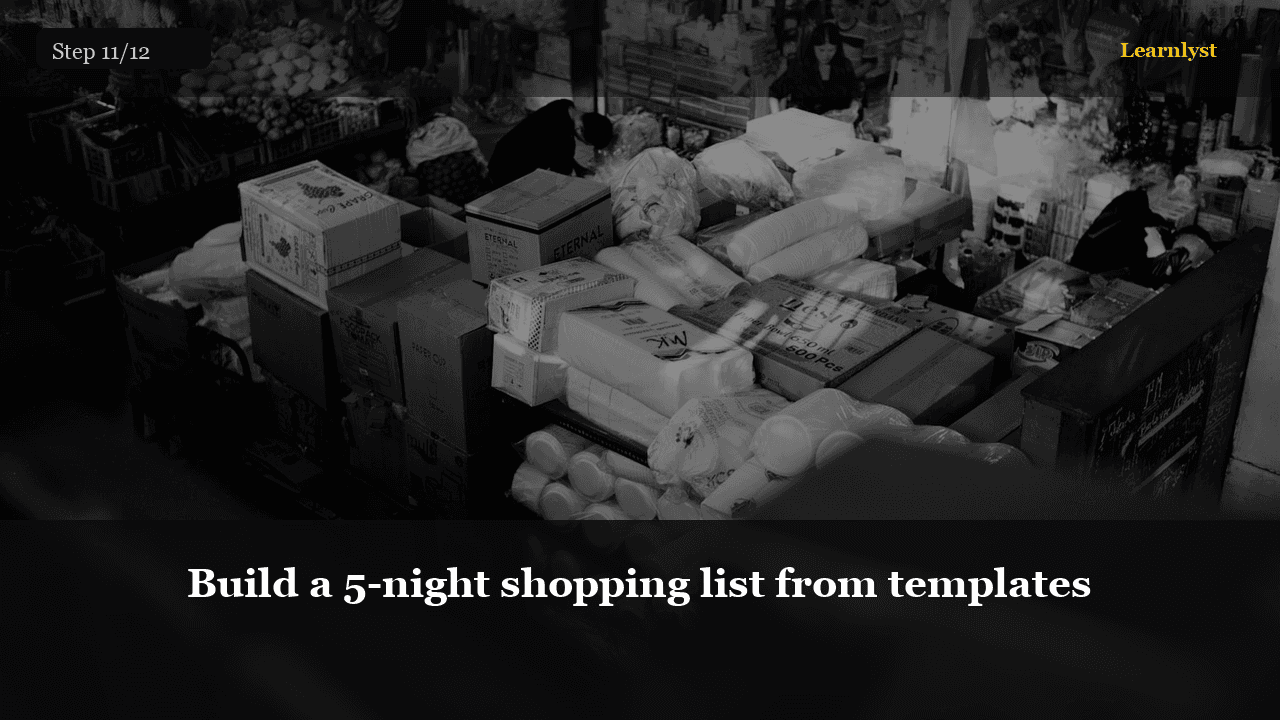 Build a 5-night shopping list from templates
