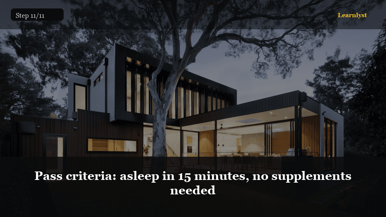 Pass criteria: asleep in 15 minutes, no supplements needed