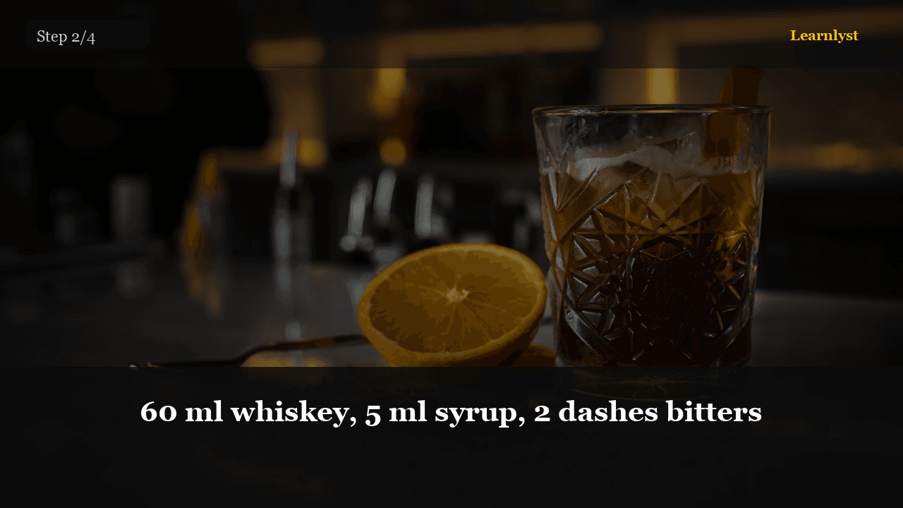 60 ml whiskey, 5 ml syrup, 2 dashes bitters — Coffee & Drinks tip photo