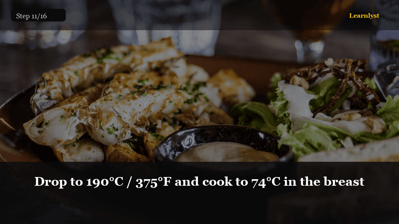 Drop to 190°C / 375°F and cook to 74°C in the breast